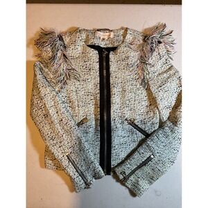 Paula Cahen D'Anvers Tweed Jacket‎ Embellished Fringe Zipper Moto Style